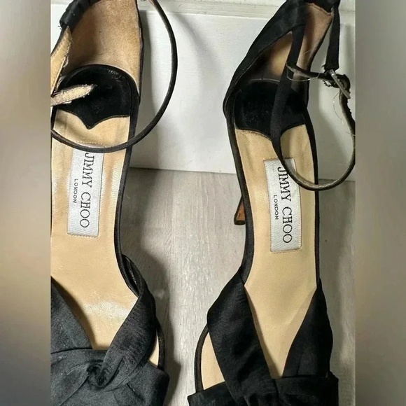Jimmy Choo Black Satin Ankle Strap Bow Heels Sandals Women's Size 37 - Picture 4 of 7